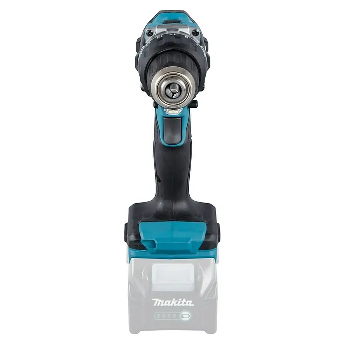 Makita XGT 40V max. Taladro atornillador de batería DF002GZ - 40 V, Sin batería, 64 Nm - Primer plano de un taladro inalámbrico Makita, destacando su construcción robusta y diseño ergonómico.\n