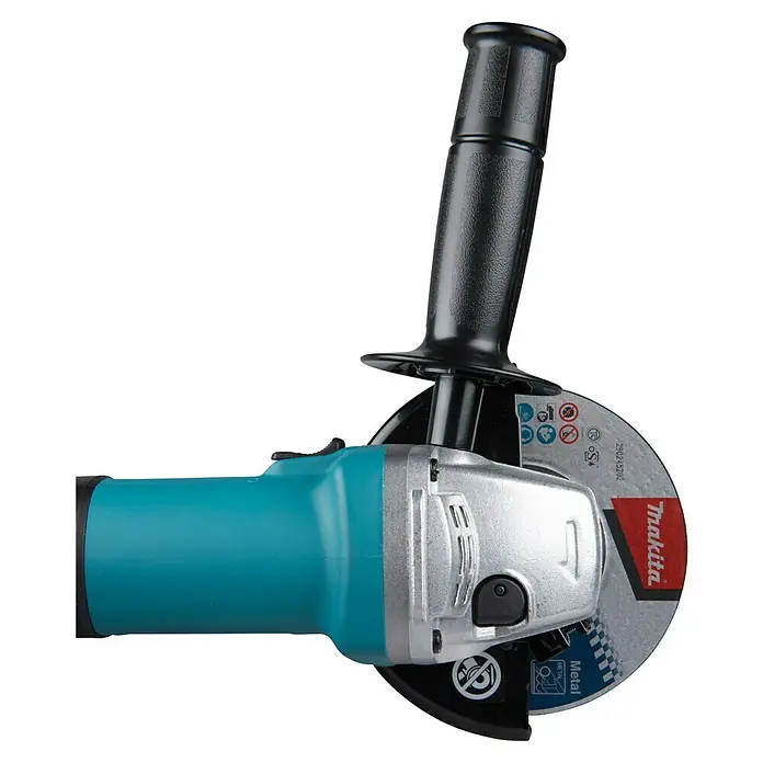 Makita Elektro-Winkelschleifer 9558HNRG - 840 W, Durchmesser Scheibe: 125 mm, Leerlaufdrehzahl: 11.000 U/min - Makita-Winkelschleifer mit blauem Gehäuse, silbernem Kopf und einem montierten Schleifaufsatz für den professionellen Einsatz.