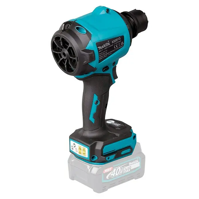 Makita XGT 40V max. Soplador de batería AS001GZ - 40 V, Sin batería - Imagen de una pistola sopladora inalámbrica Makita AS001G color verde azulado y negro, perfecta para aplicaciones inalámbricas.
