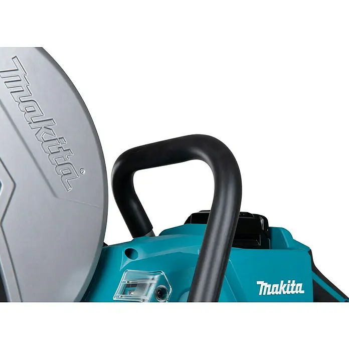 Makita XGT 40V max. Akku-Trennschleifer CE004GZ - Ohne Akku - Nahaufnahme einer Makita-Trennsäge mit einem ergonomischen Griff und dem markanten Makita-Logo. Perfekt für präzise Schnitte.
