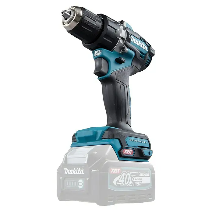 Makita XGT 40V max. Taladro atornillador de batería DF002GZ - 40 V, Sin batería, 64 Nm - Primer plano de un taladro inalámbrico Makita con detalles en verde azulado y empuñadura negra, mostrando su diseño.