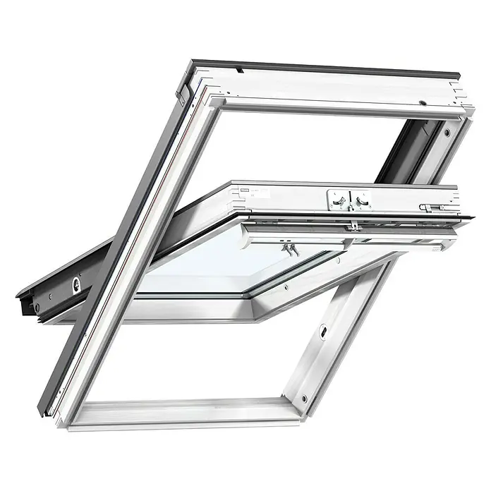 Velux Ventana basculante GGL SK06 2070 - 114 x 118 cm - La imagen muestra una ventana de techo VELUX en posición abierta, permitiendo una buena ventilación y luz.