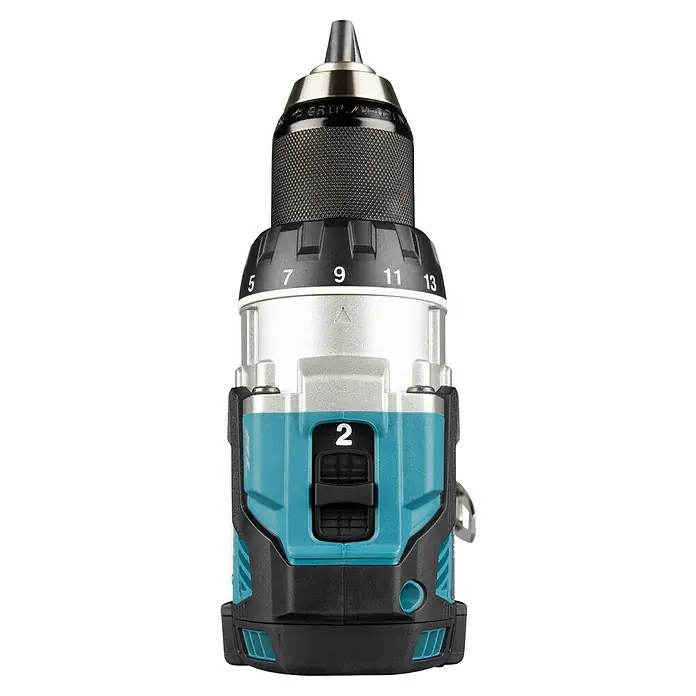 Makita LXT 18V Akku-Bohrschrauber DDF489RTJ - 18 V, 2 Akkus, 73 Nm - Nahaufnahme einer Makita Akku-Bohrmaschine, die Detailgenauigkeit und Qualität des Elektrowerkzeugs hervorhebt.