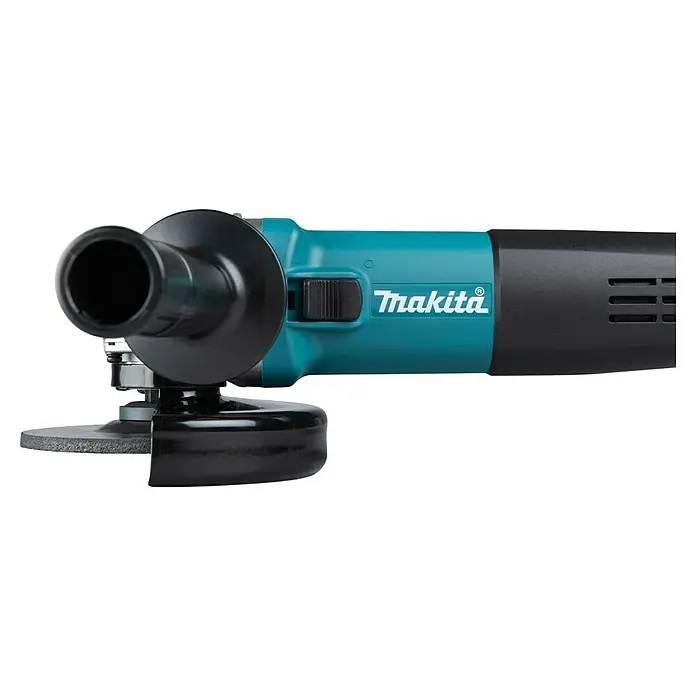 Makita Amoladora angular eléctrica 9558HNRG - 840 W, Diámetro disco: 125 mm, Número de revoluciones de marcha en vacío: 11.000 r.p.m. - La amoladora azul Makita, una robusta herramienta eléctrica para tareas de pulido, se muestra en una foto nítida y detallada.