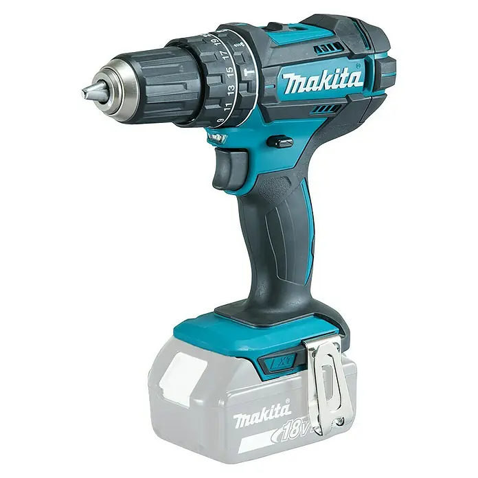 Makita LXT 18V Akku-Bohrschrauber DHP482Z Solo - 18 V, Ohne Akku, 62 Nm - Abbildung eines Makita Akku-Bohrschraubers mit Akku. Das Gerät ist in den Farben Türkis und Schwarz gehalten.