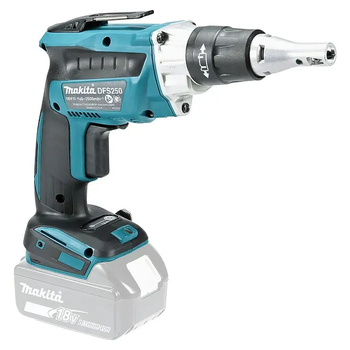 Makita LXT 18V Atornillador para placas de yeso de batería DFS250 - 18 V, Sin batería - Atornillador inalámbrico Makita DFS250 con batería de 18V, ideal para paneles de yeso, ofrece alto rendimiento y atornillado preciso.