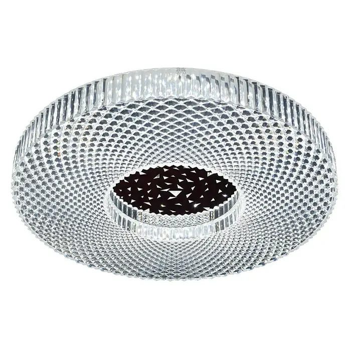 Tween Light LED-Deckenleuchte rund Borsano - 40 W, Ø x H: 490 mm x 8 cm, Transparent, Warmweiß - Nahaufnahme einer runden Kristall Deckenleuchte mit einem geometrischen Muster und einem dunklen Loch in der Mitte.