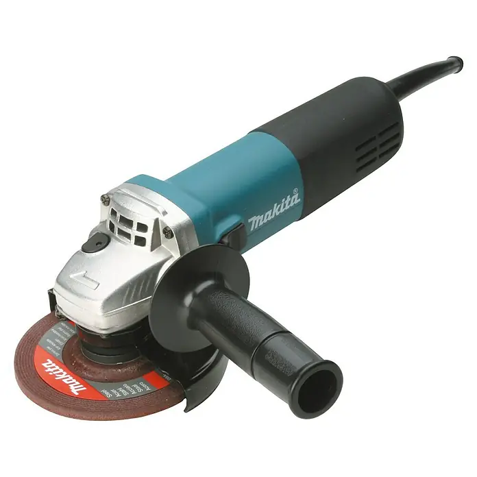Makita Amoladora angular eléctrica 9558HNRG - 840 W, Diámetro disco: 125 mm, Número de revoluciones de marcha en vacío: 11.000 r.p.m. - Imagen de una amoladora angular Makita, una herramienta eléctrica para esmerilar y cortar, con cuerpo azul y negro y disco abrasivo.