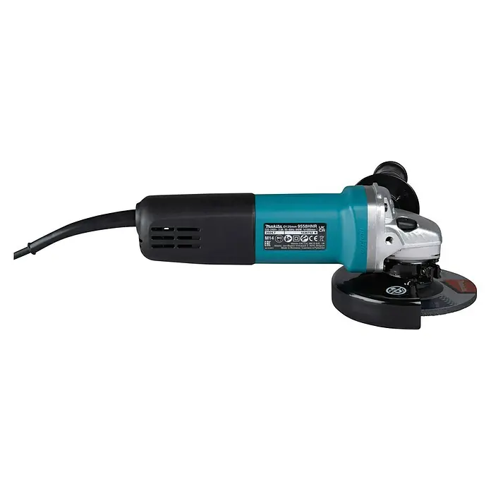 Makita Amoladora angular eléctrica 9558HNRG - 840 W, Diámetro disco: 125 mm, Número de revoluciones de marcha en vacío: 11.000 r.p.m. - Un primer plano de una amoladora angular Makita 9558HNR, que muestra una herramienta potente y confiable para aplicaciones de rectificado y corte.