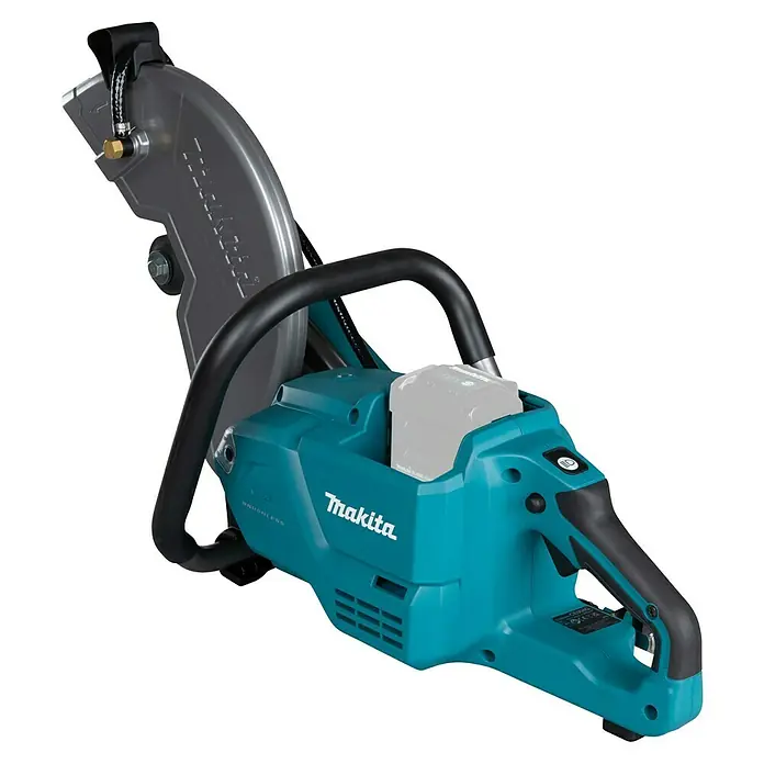 Makita XGT 40V max. Amoladora tronzadora de batería CE004G - 40 V, Sin batería - Cortadora eléctrica inalámbrica de Makita con cuerpo verde azulado, mango negro y protector de hoja gris, para corte profesional.