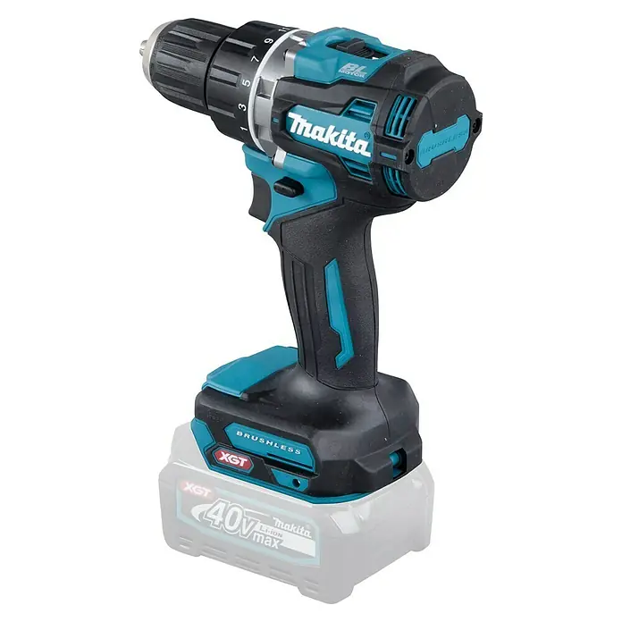 Makita XGT 40V max. Taladro atornillador de batería DF002GZ - 40 V, Sin batería, 64 Nm - Imagen de un taladro inalámbrico Makita con detalles en verde azulado, montado sobre una batería.