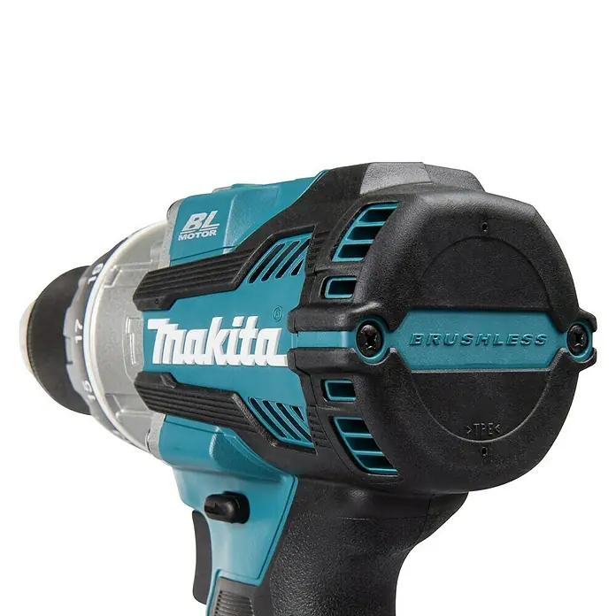 Makita LXT 18V Akku-Schlagbohrschrauber DHP489Z - 18 V, Ohne Akku, 73 Nm - Nahaufnahme eines Makita Akku-Schlagschraubers mit bürstenlosem Motor. Das Werkzeug ist blau-schwarz und für professionelle Anwendungen konzipiert.