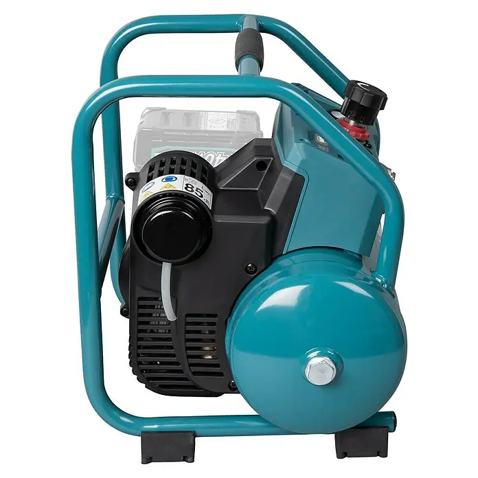 Makita XGT 40V max. Compresor de batería AC001GZ - 40 V, Sin batería, 9,3 bar - Primer plano de un compresor de aire portátil con marco verde azulado, carcasa de motor negra y tanque redondo verde azulado.