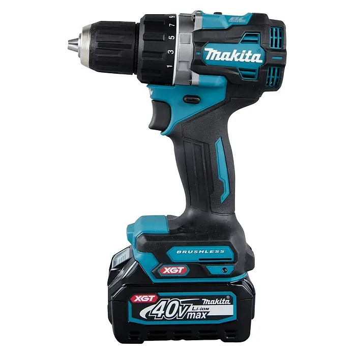 Makita XGT 40V max. Set de taladro atornillador de batería DF002GA202 - 40 V, 2 baterías, 2 Ah, Momento de torsión máx.: 64 Nm - Taladro atornillador inalámbrico Makita XGT 40V max con motor sin escobillas, ideal para taladrar y atornillar en diversos materiales.