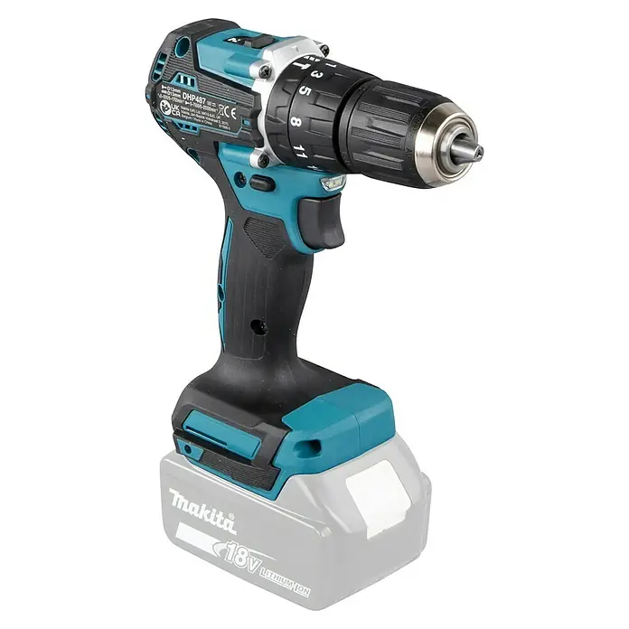 Makita LXT 18V Taladro atornillador percutor de batería DHP487 - 18 V, Sin batería, 40 Nm - Taladro inalámbrico Makita con batería de iones de litio de 18V para trabajos versátiles de atornillado y taladrado en el hogar y el taller.