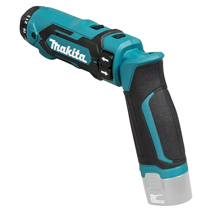 Makita Akku-Knickschrauber DF012DZ - 7,2 V, Ohne Akku, 5,6 Nm - Abbildung eines Makita Akku-Winkelschraubers mit verstellbarem Griff und Drehmomenteinstellung.