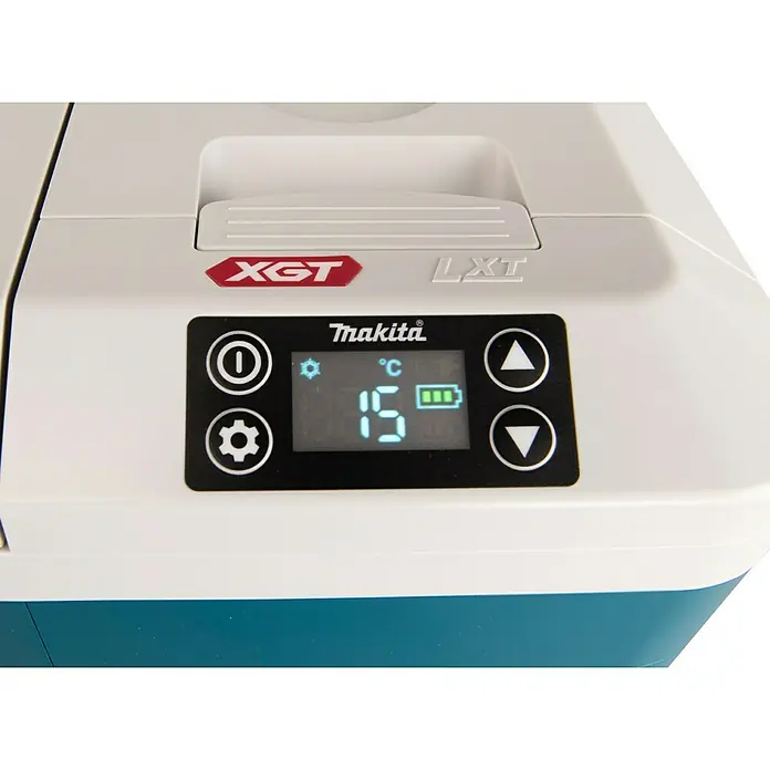 Makita XGT 40V max. Akku-Kühlbox CW001GZ01 - 40 V, Behältervolumen: 20 l, 62,3 x 37,1 x 34,1 cm - Detailansicht eines Makita Kühlbox, die die Temperaturanzeige, Bedienelemente und Logos XGT und LXT zeigt.