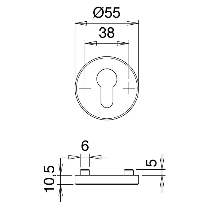 Portaferm Schlüsselschild - Durchmesser Rosette: 55 mm, Profilzylinder, Weiß - Technische Zeichnung einer runden Rosette mit Schlüssel-Loch, mit Maßangaben, Ø55, 38, 6, 5 und 10,5.