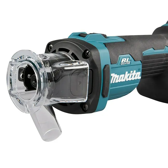Makita LXT 18V Akku-Rotationswerkzeug DCO181Z - 18 V, Ohne Akku, Leerlaufdrehzahl: 32.000 U/min - Nahaufnahme einer Makita Akku-Oberfräse mit transparenter Staubabsaugung, die für präzise Holzarbeiten konzipiert ist.