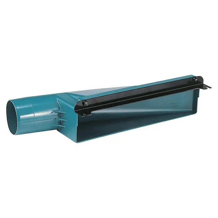 Makita Dickenhobelmaschine 2012NB - 8.500 U/min, Max. Spanabnahme Dickenhobel: 3 mm - Aufnahmeöffnung für Staubsaugerzubehör, blaugrün, mit schwarzem Aufsatz. Das Zubehörteil ist für eine effiziente Staubabsaugung konzipiert.
