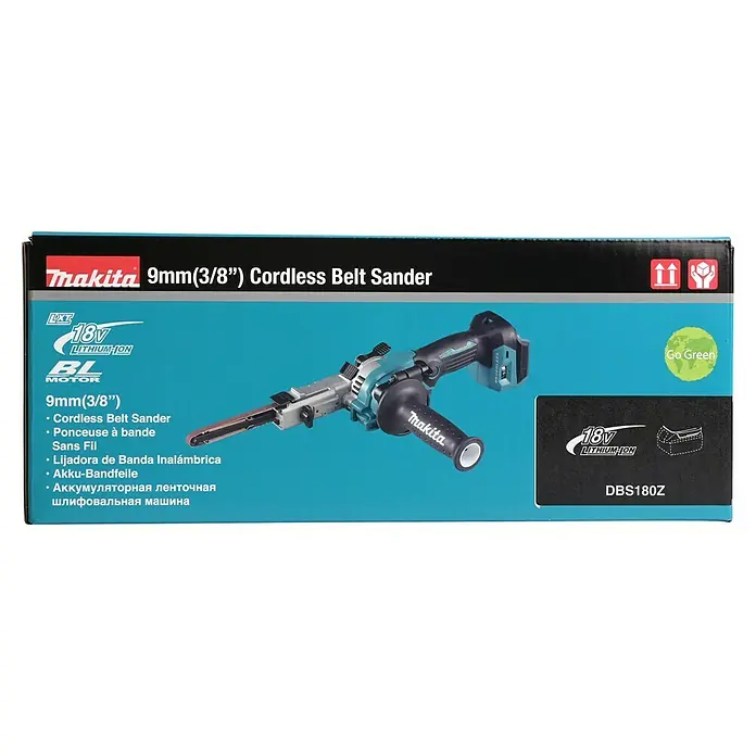 Makita LXT 18V Akku-Bandfeile DBS180Z - 18 V, Ohne Akku, Bandgeschwindigkeit: 600 m/min - 1.700 m/min - Abbildung einer Makita 9mm (3/8") Akku-Bandschleifmaschine, ein vielseitiges Elektrowerkzeug zum Schleifen verschiedener Materialien.