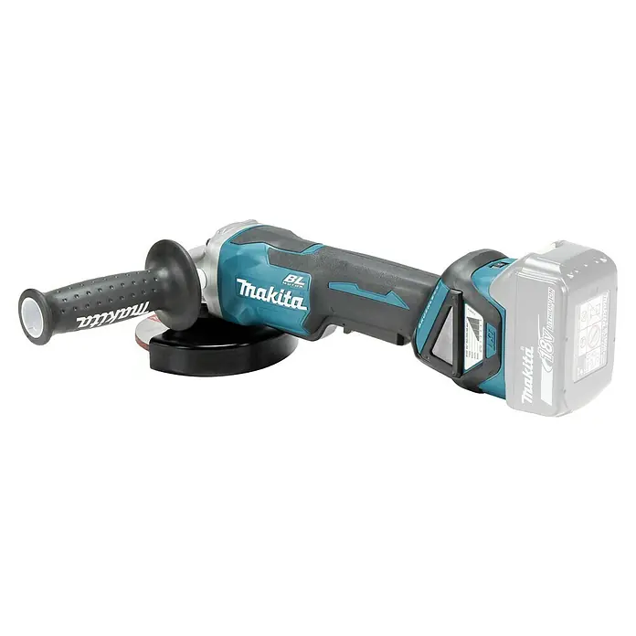 Makita LXT 18V Amoladora angular de batería DGA515 - 18 V, Sin batería, Diámetro disco: 125 mm - Una amoladora angular inalámbrica Makita con un diseño azul y negro con mango negro, ideal para tareas de rectificado.