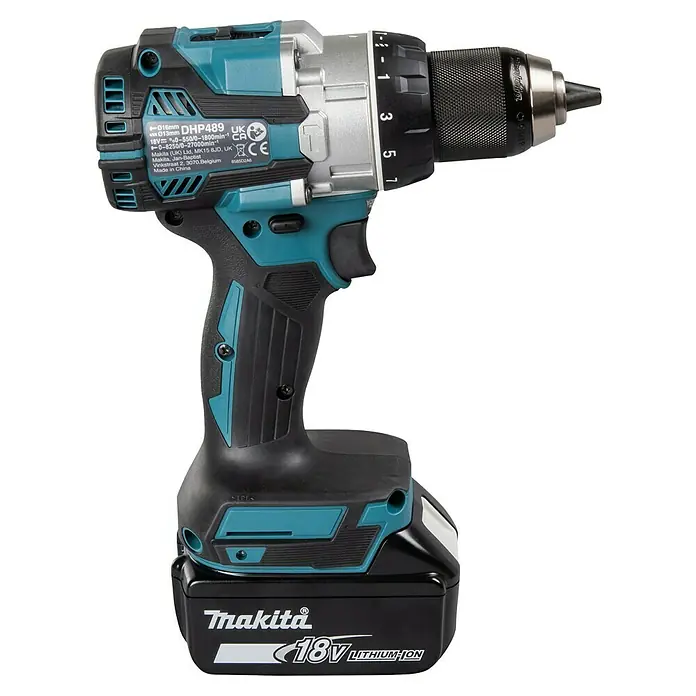 Makita LXT 18V Taladro atornillador percutor de batería DHP489RTJ - 18 V, 2 baterías, 5 Ah, 73 Nm - Taladro combinado inalámbrico Makita DHP489 con batería de iones de litio de 18V para taladrar y atornillar con potencia.