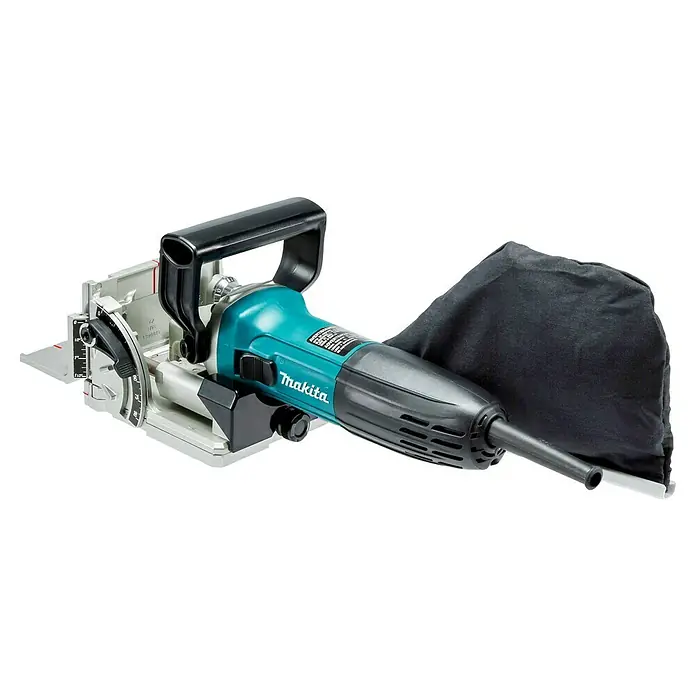 Makita Máquina fresadora PJ7000J - 701 W, Número de revoluciones de marcha en vacío: 110.000 r.p.m. - Imagen de una ensambladora de galletas Makita con bolsa de polvo, ideal para trabajos de carpintería precisos y aplicaciones profesionales.
