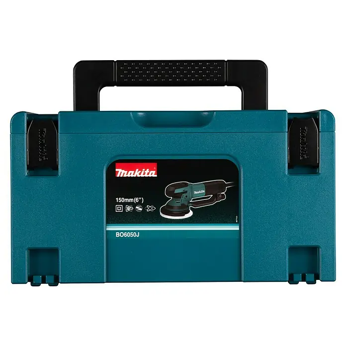 Makita Elektro-Exzenterschleifer BO6050J - 750 W, Durchmesser Schleifteller: 150 mm - Aufbewahrungskoffer für Makita BO6050J Exzenterschleifer, blaugrün, mit Produktbild auf der Vorderseite.