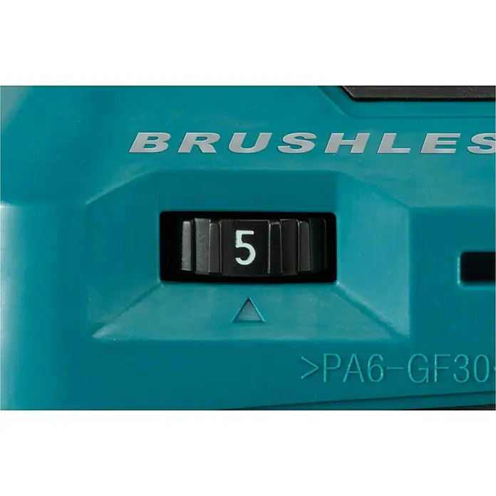 Makita LXT 18V Akku-Bandfeile DBS180Z - 18 V, Ohne Akku, Bandgeschwindigkeit: 600 m/min - 1.700 m/min - Detailaufnahme einer Makita-Maschine mit "BRUSHLESS"-Aufschrift und einem Drehschalter auf Stufe 5.