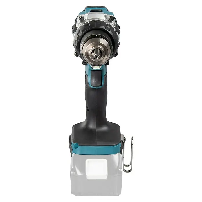 Makita LXT 18V Akku-Schlagbohrschrauber DHP489Z - 18 V, Ohne Akku, 73 Nm - Nahaufnahme einer Makita Akku-Bohrmaschine mit Bohrfutter und ergonomischem Griff.