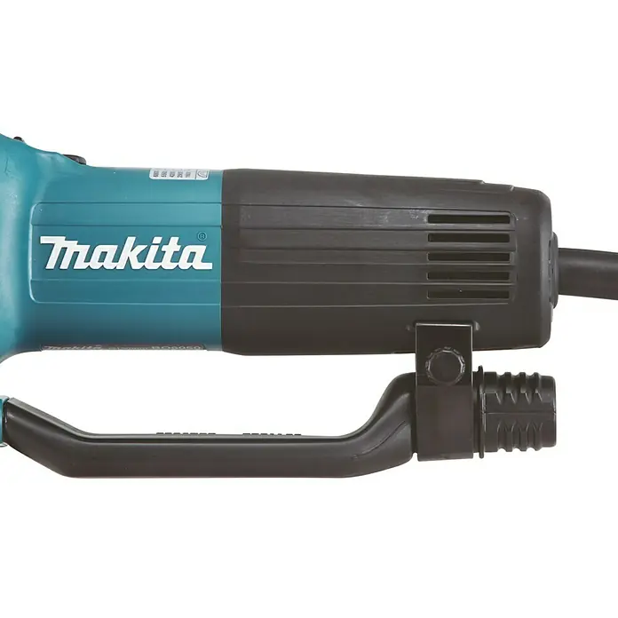Makita Elektro-Exzenterschleifer BO6050J - 750 W, Durchmesser Schleifteller: 150 mm - Detailansicht einer Makita-Elektrowerkzeugmaschine mit Zusatzgriff.