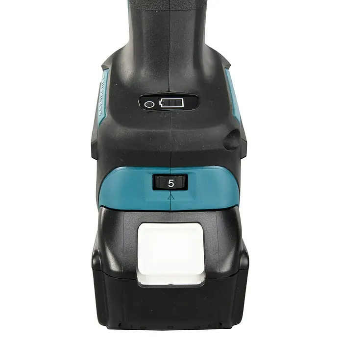 Makita LXT 18V Akku-Winkelschleifer DGA519RTJ - 18 V, 2 Akkus, Durchmesser Scheibe: 125 mm - Nahaufnahme eines Akku-Schlagschraubers von Makita, der Details wie Akkuanzeige und Drehmomentstufe 5 zeigt.