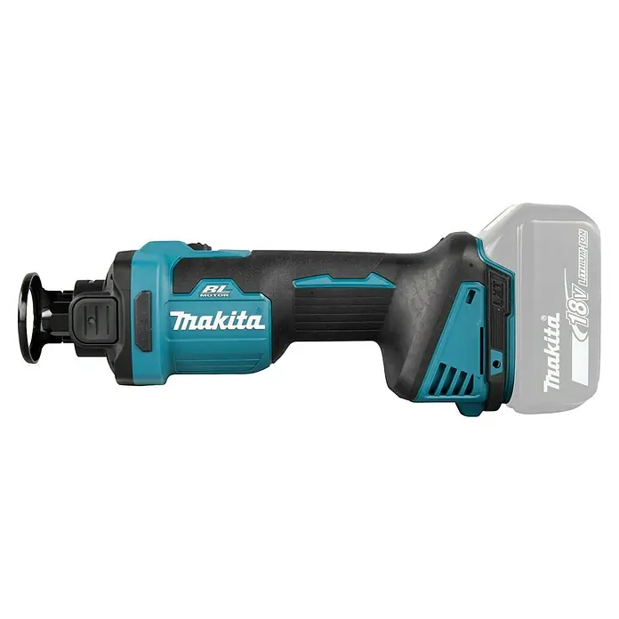 Makita LXT 18V Herramienta rotativa a batería DCO181Z - 18 V, Número de revoluciones de marcha en vacío: 32.000 r.p.m. - Imagen de una multiherramienta oscilante inalámbrica de Makita. La herramienta eléctrica turquesa y negra tiene un motor sin escobillas.