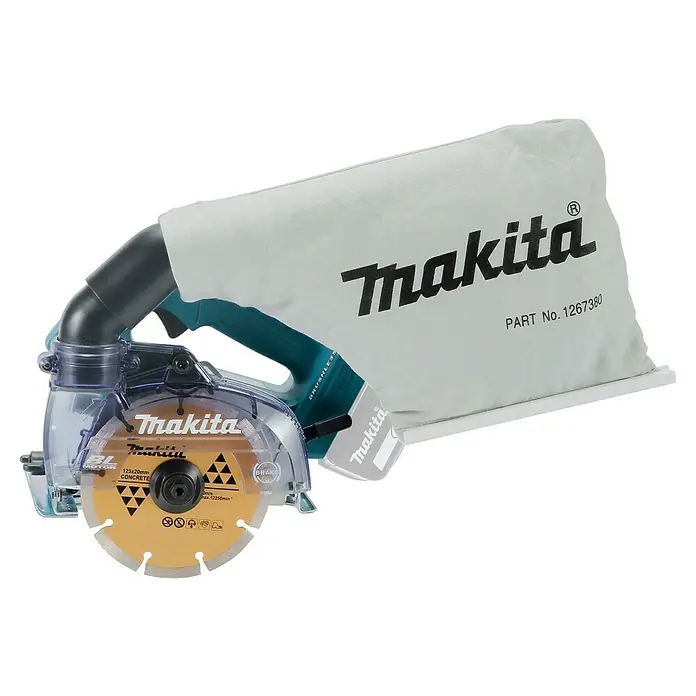 Makita LXT 18V Cortadora de diamante de batería DCC500Z - 18 V, Sin batería - Imagen de una rozadora de pared Makita con aspiración de polvo y disco de diamante para corte preciso.