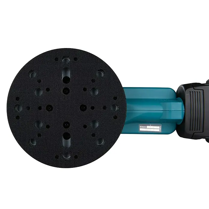 Makita XGT 40V max. Akku-Exzenterschleifer BO002CGZ - 40 V, Ohne Akku, Durchmesser Schleifteller: 150 mm - Nahaufnahme eines Makita BO6020CG Exzenterschleifers, der seine runde Schleiffläche und sein ergonomisches Design hervorhebt.