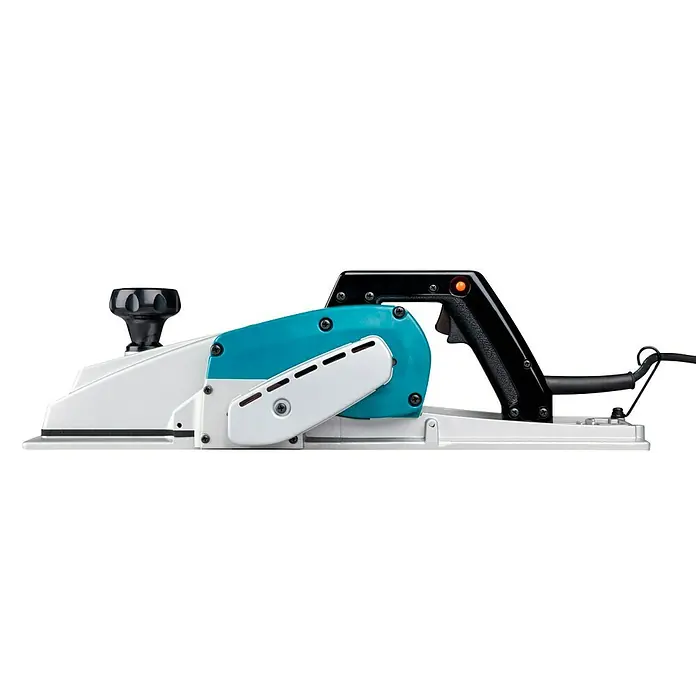 Makita Elektrohobel 1806B - 840 W, Leerlaufdrehzahl: 0 U/min - 16.000 U/min - Seitenansicht einer weißen und türkisfarbenen Elektrohobelmaschine mit schwarzem Griff für Holzbearbeitung.