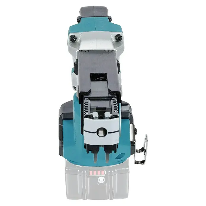 Makita LXT 18V Atornillador para placas de yeso de batería DFR552Z - 18 V, Sin batería, 4.500 r.p.m. - Primer plano de una multiherramienta Makita con detalles verde azulado, que muestra una herramienta versátil y eficiente para diversas tareas.