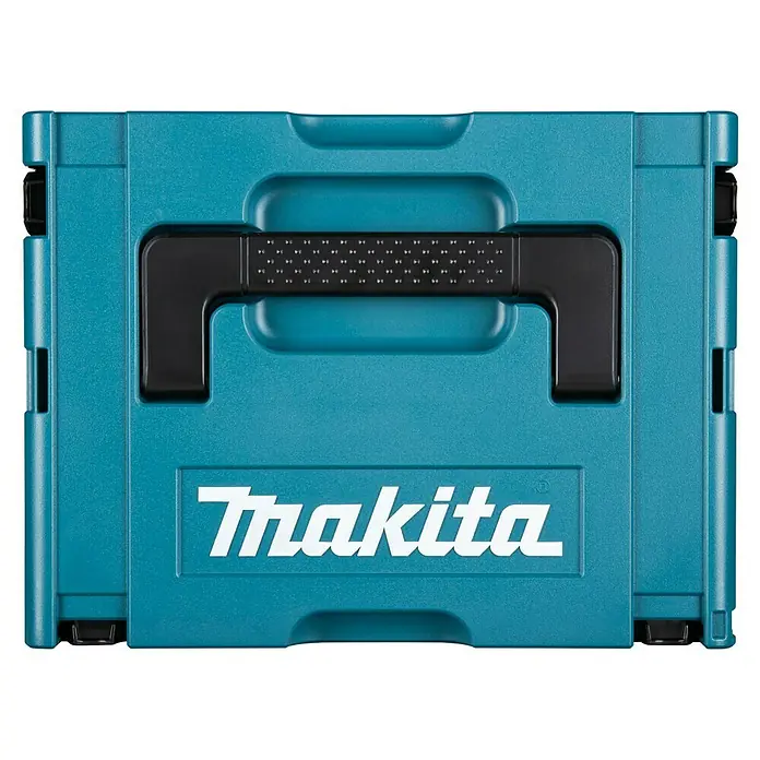 Makita Lijadora de banda eléctrica de sobremesa 9404J - 1.010 W - Primer plano de una caja de herramientas turquesa Makita con un asa negra y el logotipo de Makita en la parte frontal.