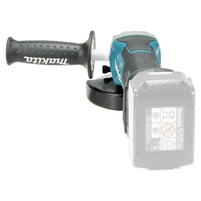 Makita LXT 18V Amoladora angular de batería DGA515 - 18 V, Sin batería, Diámetro disco: 125 mm - Primer plano de una amoladora angular inalámbrica Makita con batería y mango. La herramienta está equipada con un mango negro.