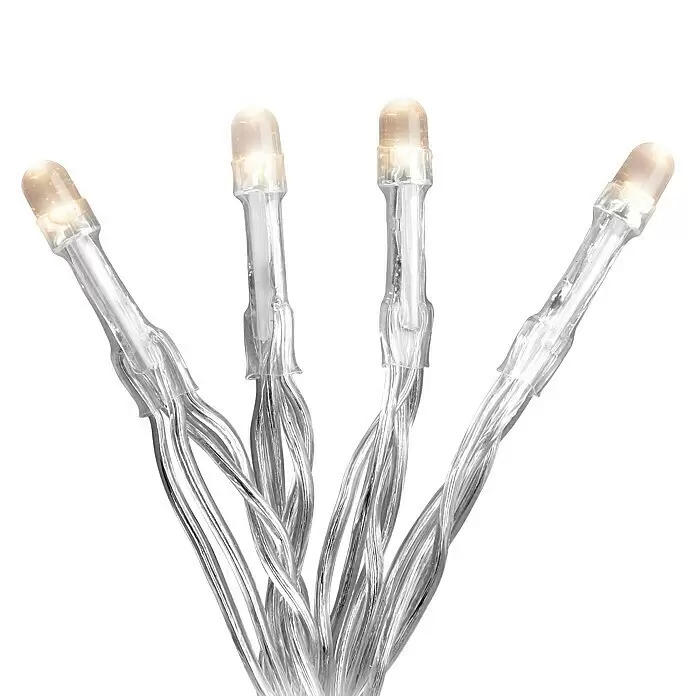 Konstsmide LED-Lichterkette Lichterkette - Innen, Lichtfarbe: Warmweiß, Anzahl Leuchtmittel: 50 Stk., Batteriebetrieben - Nahaufnahme von vier warmweißen LED-Lichterketten mit transparenten Kunststoffgehäusen und Kabeln.