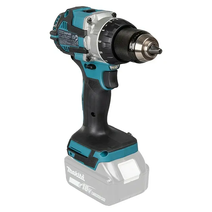 Makita LXT 18V Taladro atornillador percutor de batería DHP489 - 18 V, Sin batería, 73 Nm - Representación de un taladro percutor inalámbrico Makita con batería de iones de litio de 18 V, ideal para tareas exigentes de taladrado y atornillado.