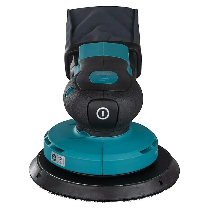 Makita XGT 40V max. Akku-Exzenterschleifer BO002CGZ - 40 V, Ohne Akku, Durchmesser Schleifteller: 150 mm - Nahaufnahme eines Exzenterschleifers in Türkis und Schwarz mit Staubsack. Ideal für präzise Schleifarbeiten.