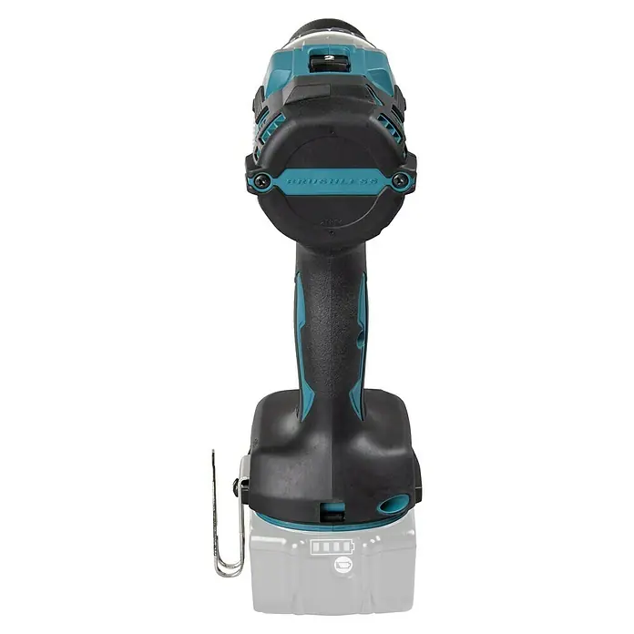 Makita LXT 18V Taladro atornillador percutor de batería DHP489 - 18 V, Sin batería, 73 Nm - Primer plano de un atornillador de impacto inalámbrico Makita, que destaca su motor sin escobillas y su diseño duradero.