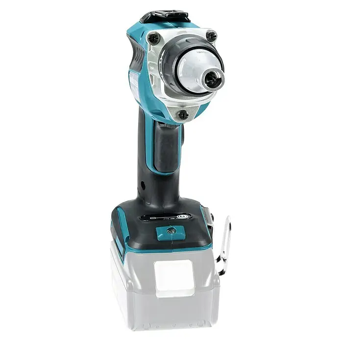 Makita LXT 18V Akku-Trockenbauschrauber DFS250Z - 18 V, Ohne Akku - Eine Nahaufnahme eines türkisfarbenen und silbernen Akku-Bohrschraubers. Das Gerät verfügt über ein robustes Design mit Schrauben und einem Bohrfutter.