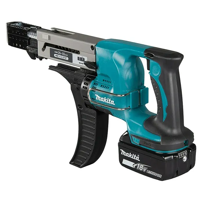 Makita LXT 18V Atornillador para placas de yeso de batería DFR550RTJ - 18 V, 2 baterías, 5 Ah, 4.000 r.p.m., Maleta incluida - Atornilladora a batería Makita, ideal para trabajos de pladur precisos y eficientes. La herramienta es robusta y fácil de usar.