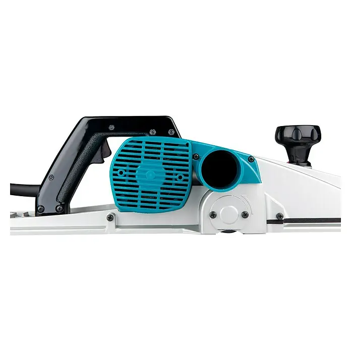 Makita Elektrohobel 1806B - 840 W, Leerlaufdrehzahl: 0 U/min - 16.000 U/min - Nahaufnahme einer elektrischen Hobelmaschine mit blauem Lüftergehäuse und schwarzem Griff.