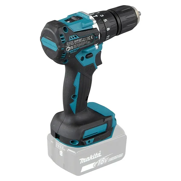 Makita LXT 18V Taladro atornillador percutor de batería DHP487 - 18 V, Sin batería, 40 Nm - Imagen de un taladro percutor inalámbrico Makita DHP487 con una batería de iones de litio de 18 V, ideal para aplicaciones profesionales y de bricolaje.
