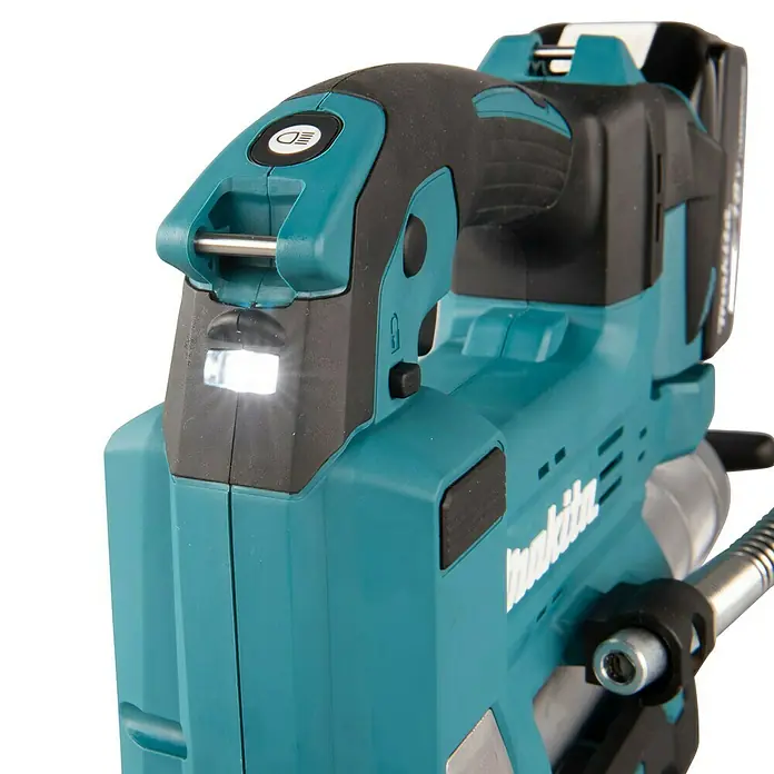 Makita LXT 18V Akku-Fettpresse DGP180Z - 18 V, Ohne Akku - Nahaufnahme einer Akku-Fettpresse von Makita in Türkis und Schwarz, mit LED-Licht.