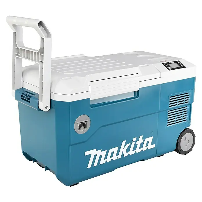 Makita XGT 40V max. Akku-Kühlbox CW001GZ01 - 40 V, Behältervolumen: 20 l, 62,3 x 37,1 x 34,1 cm - Abbildung eines Makita Kühlbox. Die Kühlbox ist blau mit weißem Deckel und Griff.